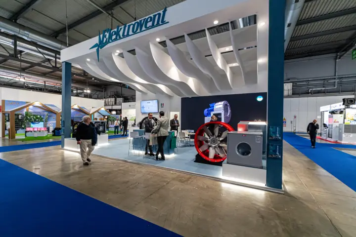 Elektrovent stand with red axial fan and centrifugal blowers at MCE 2024