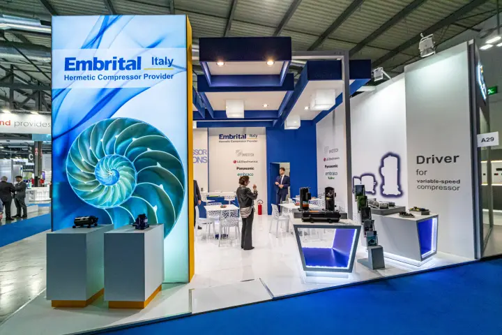 Embrital stand A29 with nautilus lightbox and variable-speed compressor drivers at MCE 2024