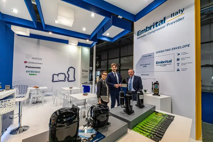 Embrital stand with hermetic compressors and 'Operating Envelope' wall at MCE 2024
