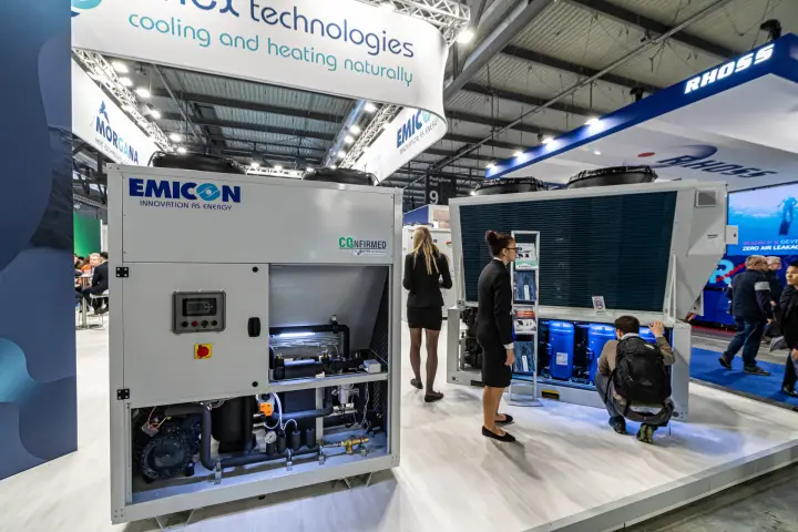 Emicon unit with open compressor bay on the Enex Technologies stand at MCE 2024