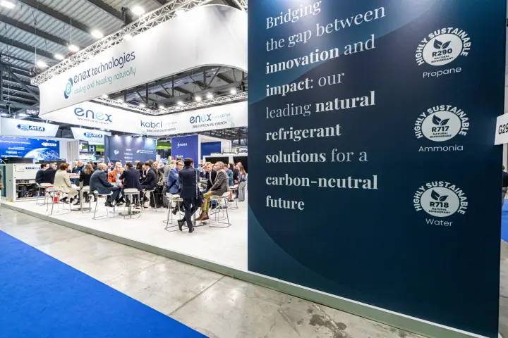 Enex Technologies wall promoting R290, R717 and R718 natural refrigerants at MCE 2024