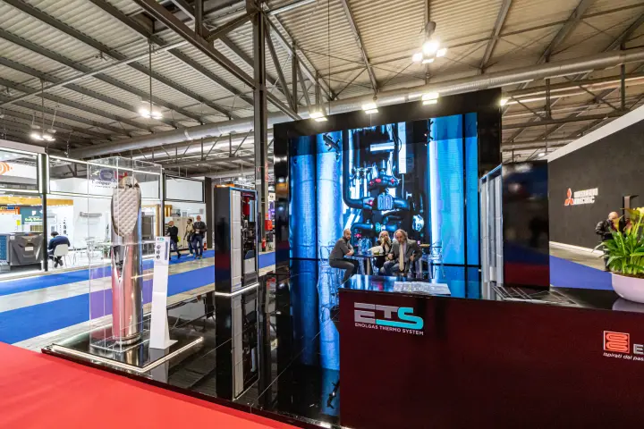ETS Enolgas Thermo System stand with LED wall of hydronic piping at MCE 2024
