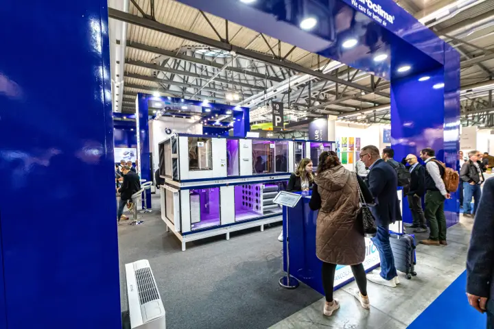 Euroclima two-tier air handling unit with purple-lit glazed sections at MCE 2024