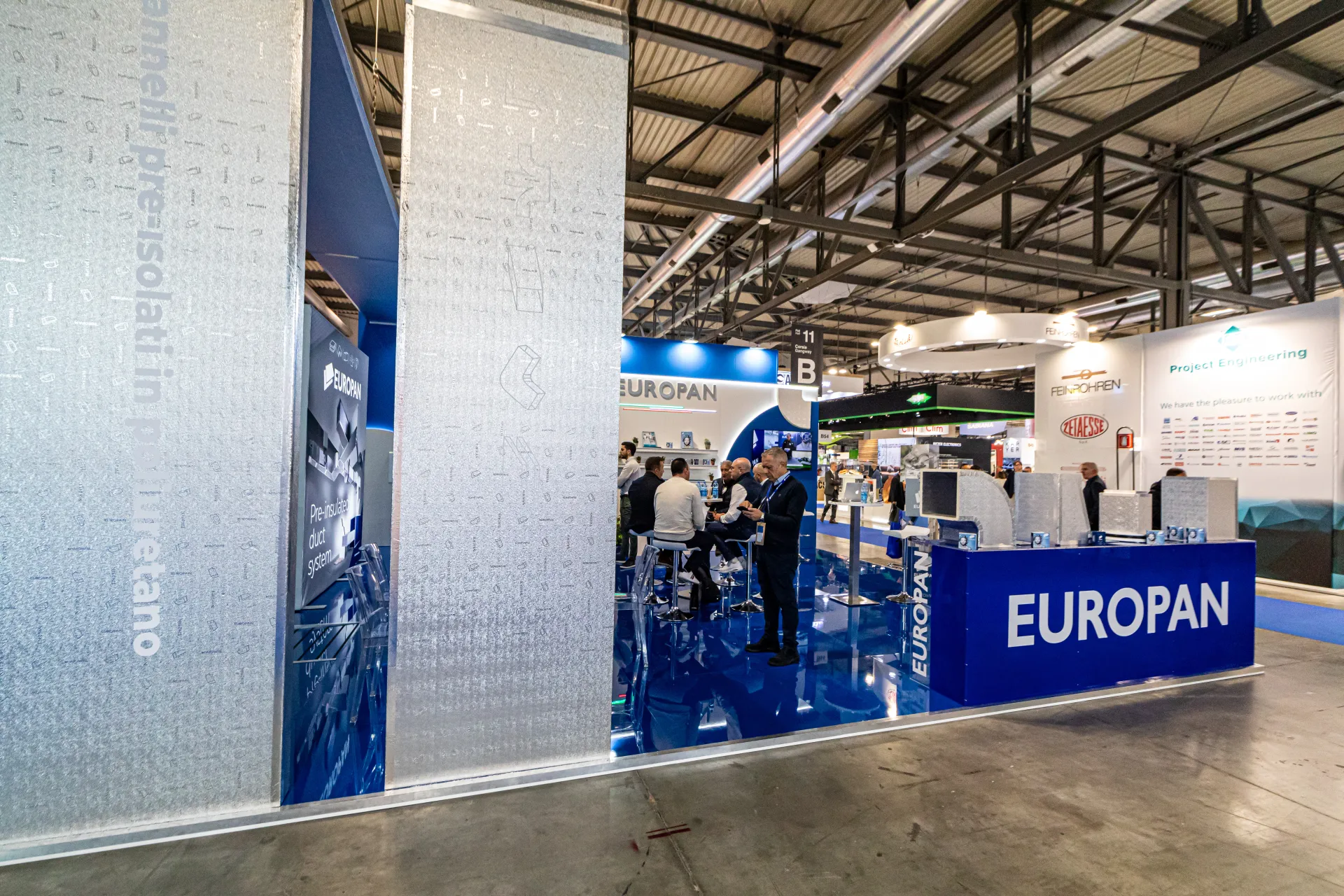Europan stand with aluminium-clad columns and duct fitting display at MCE 2024