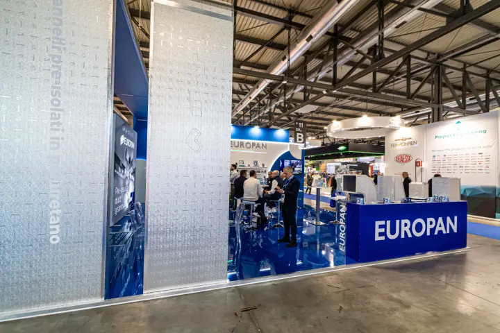 Europan stand with aluminium-clad columns and duct fitting display at MCE 2024