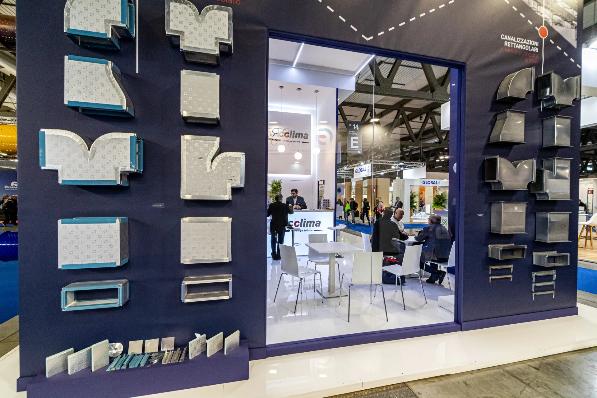 Evacclima display of rectangular duct fittings around a glazed meeting area at MCE 2024