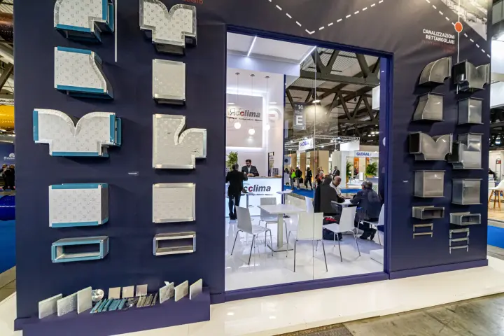 Evacclima display of rectangular duct fittings around a glazed meeting area at MCE 2024