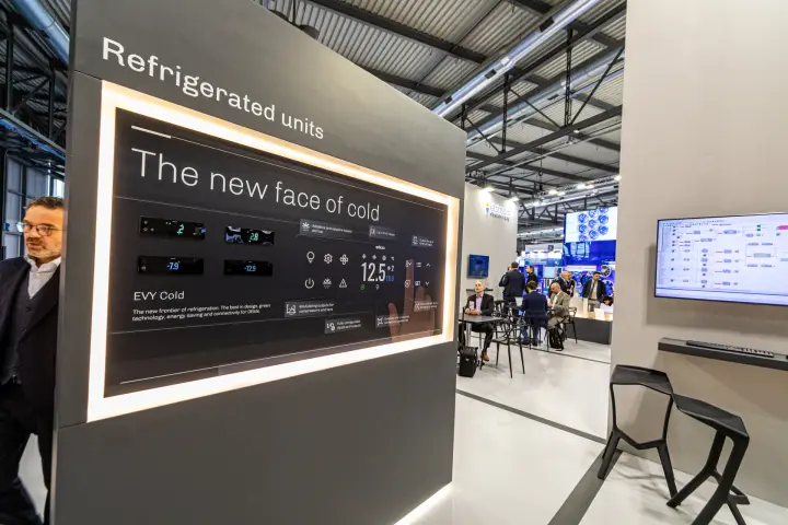 EVCO 'The new face of cold' display presenting the EVY Cold controller at MCE 2024