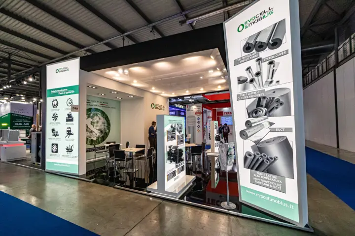 Evocell & Mobius stand with lightbox panels of insulation tubes at MCE 2024