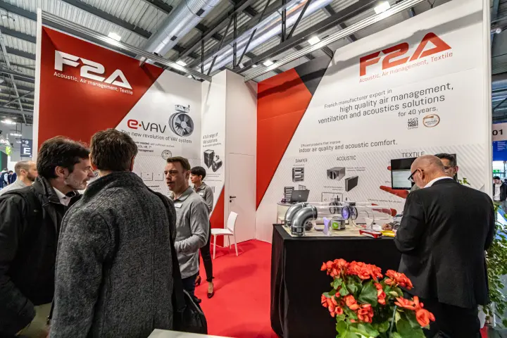F2A stand with transparent duct demonstration and product range wall at MCE 2024