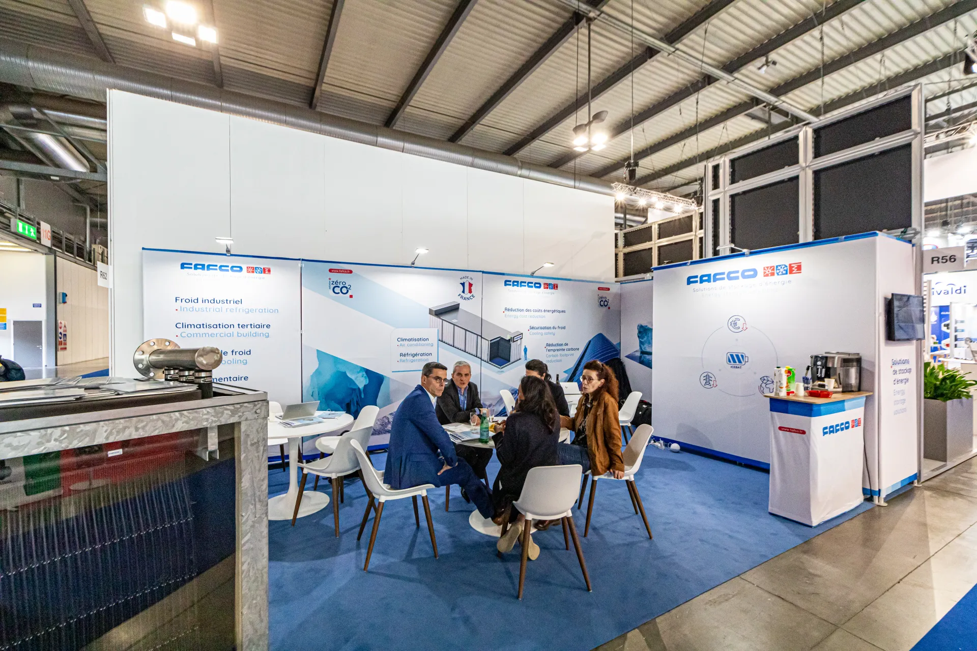 Fafco energy storage stand with galvanised tank sample and meeting table at MCE 2024