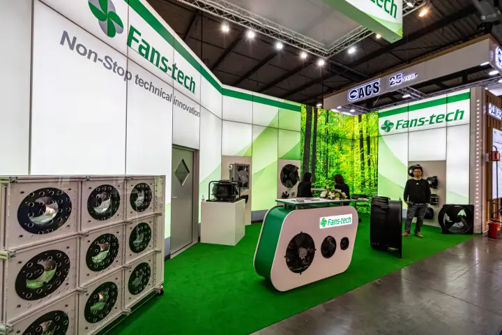 Fans-tech fan array modules at the corner of the stand at MCE 2024
