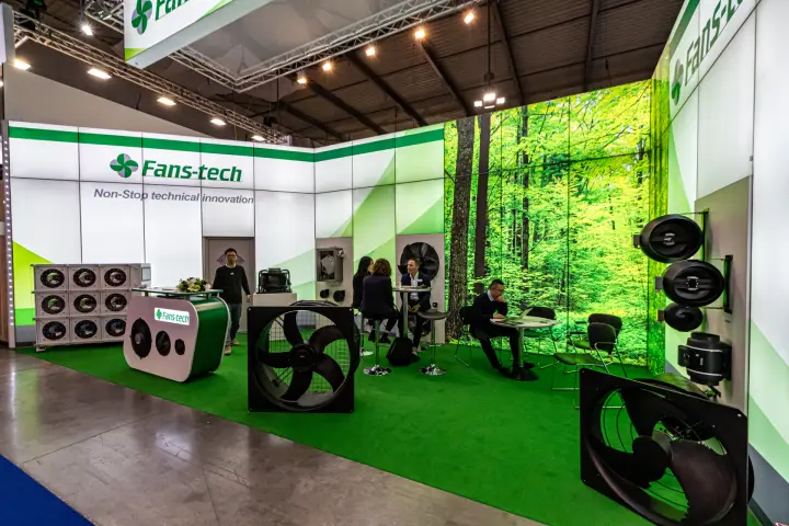 Fans-tech stand with axial fans, fan modules and forest-print wall at MCE 2024