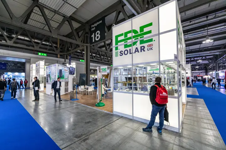 FDE Solar UK display tower with brass fittings and coiled tubing at MCE 2024
