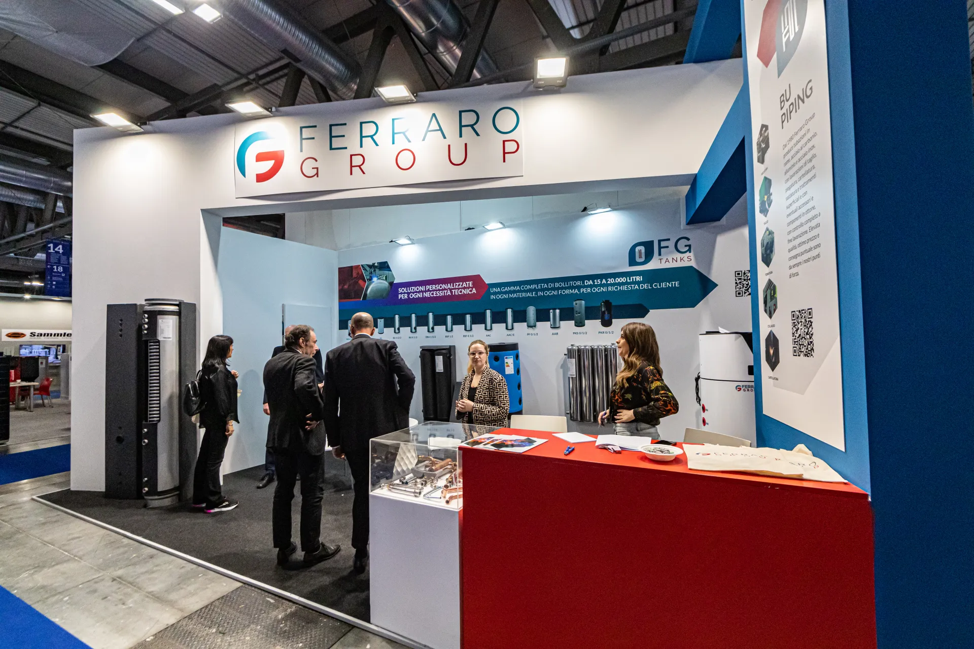 Ferraro Group stand with FG Tanks storage cylinders and a pipe fittings showcase at MCE 2024