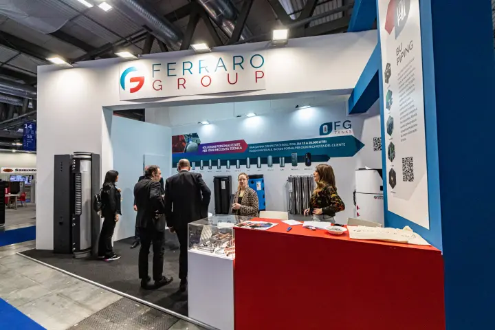 Ferraro Group stand with FG Tanks storage cylinders and a pipe fittings showcase at MCE 2024