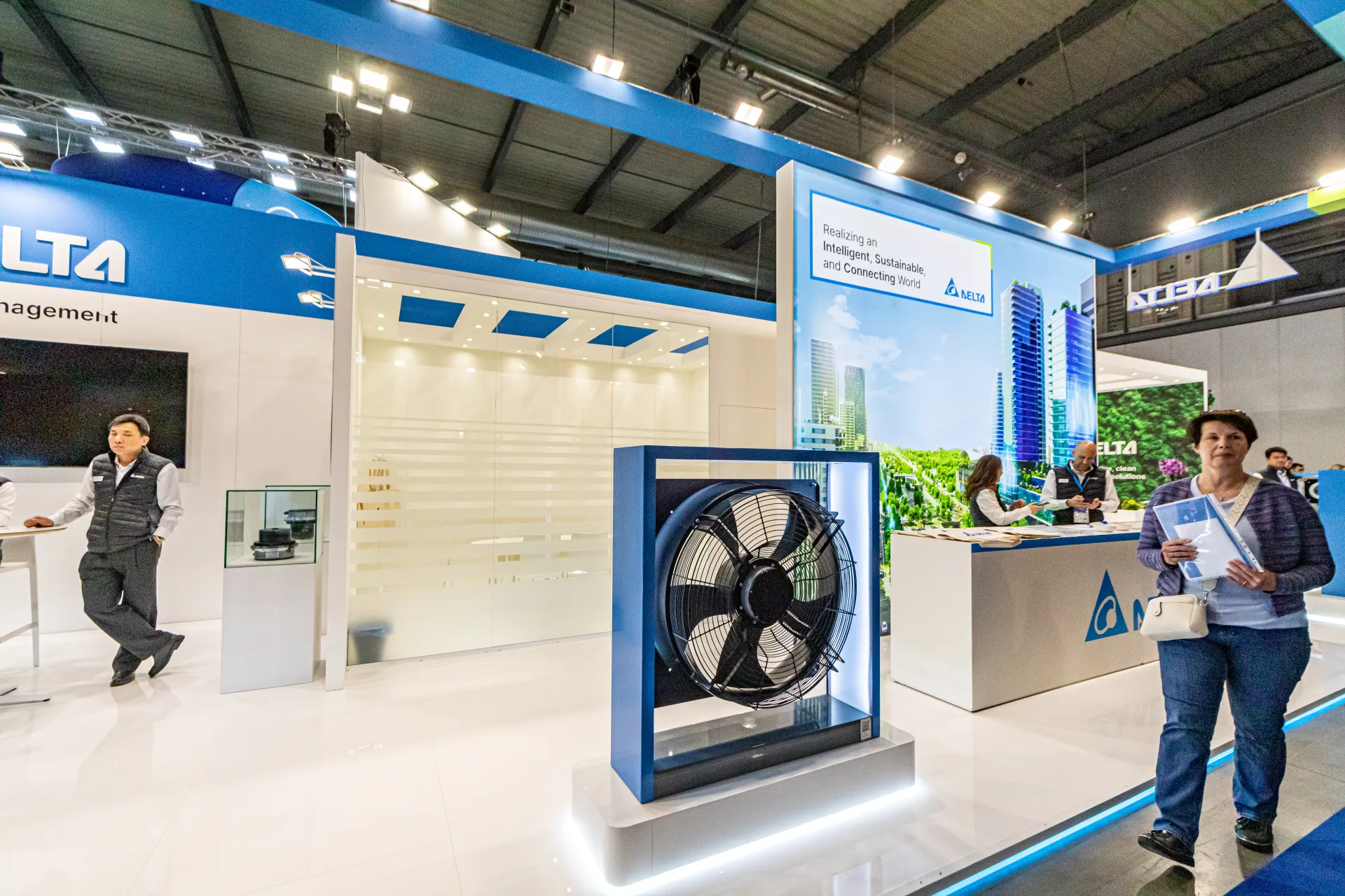 Framed axial fan display at the Delta Electronics stand at MCE 2024