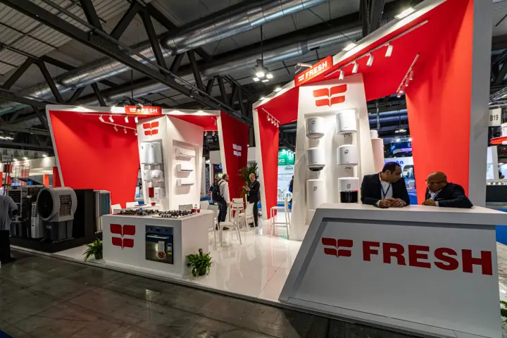 Fresh stand with electric water heaters and wall-mounted split units at MCE 2024