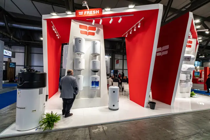Fresh stand front with heat pump water heater and cylinder display at MCE 2024