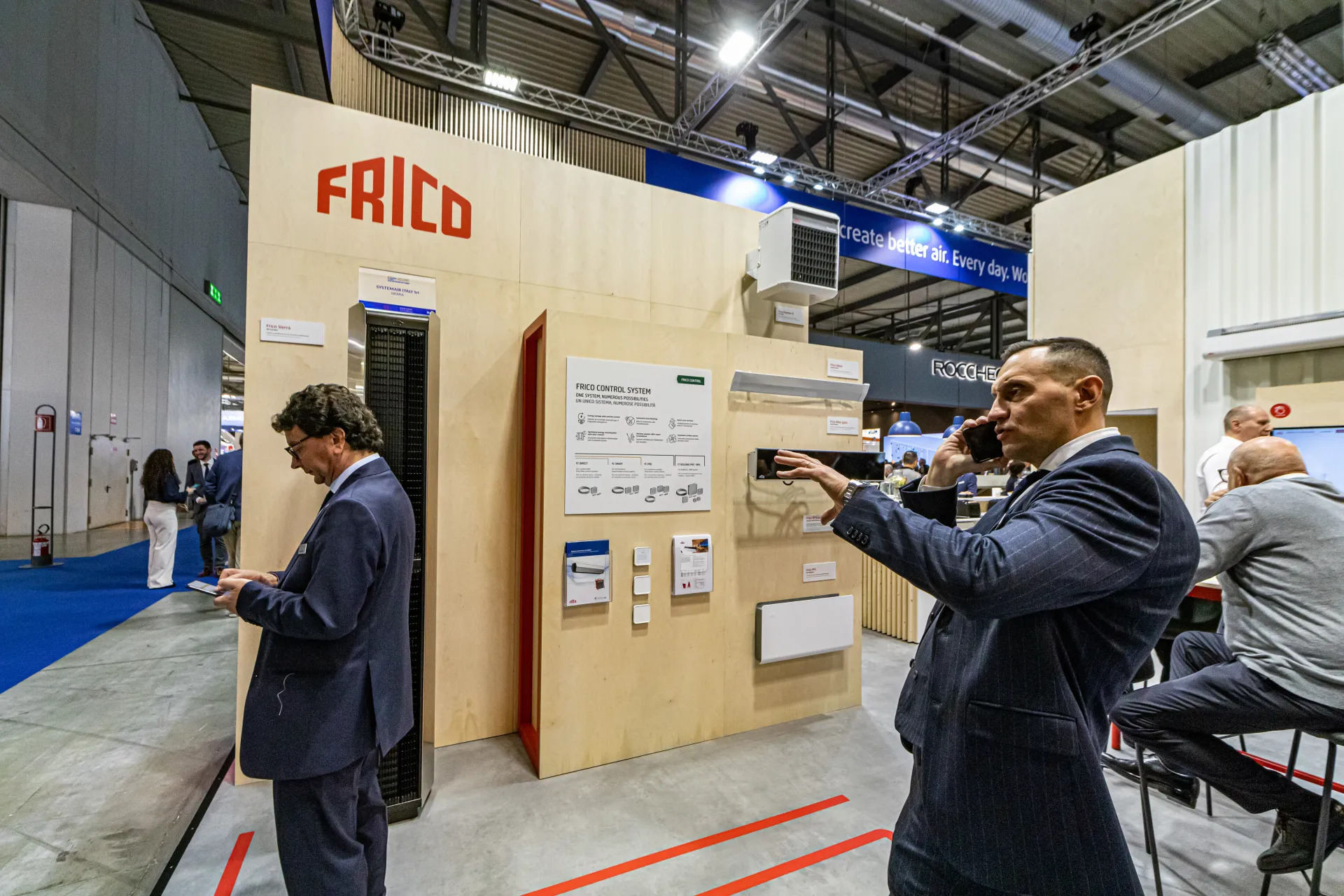 Frico plywood display with Frico Control System panel and heaters at MCE 2024