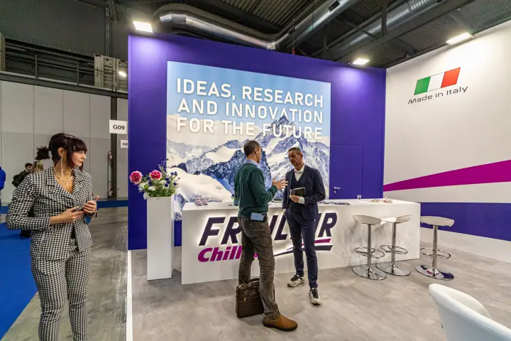 Friulair counter area seen from the open side next to stand G09 at MCE 2024