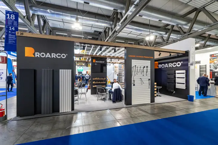 Front of the Roarco stand with vertical panel radiators and towel rails