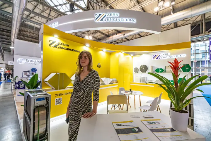 Front view of Zern Engineering stand with leaflets and a rotary wheel cassette at MCE 2024