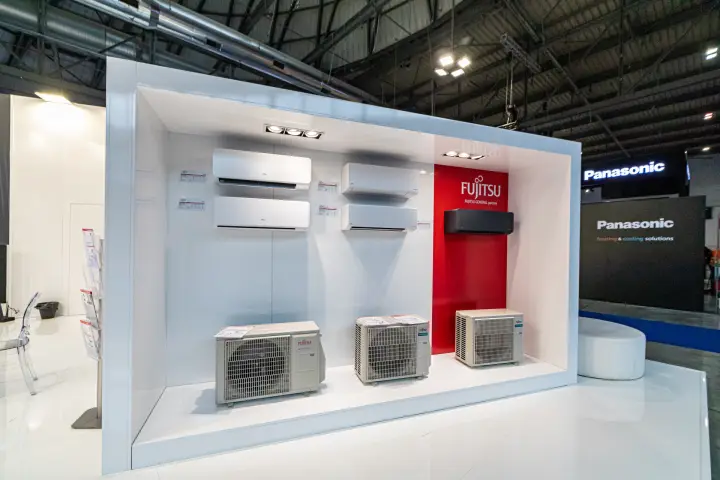 Fujitsu display box with wall-mounted split units and outdoor units at MCE 2024