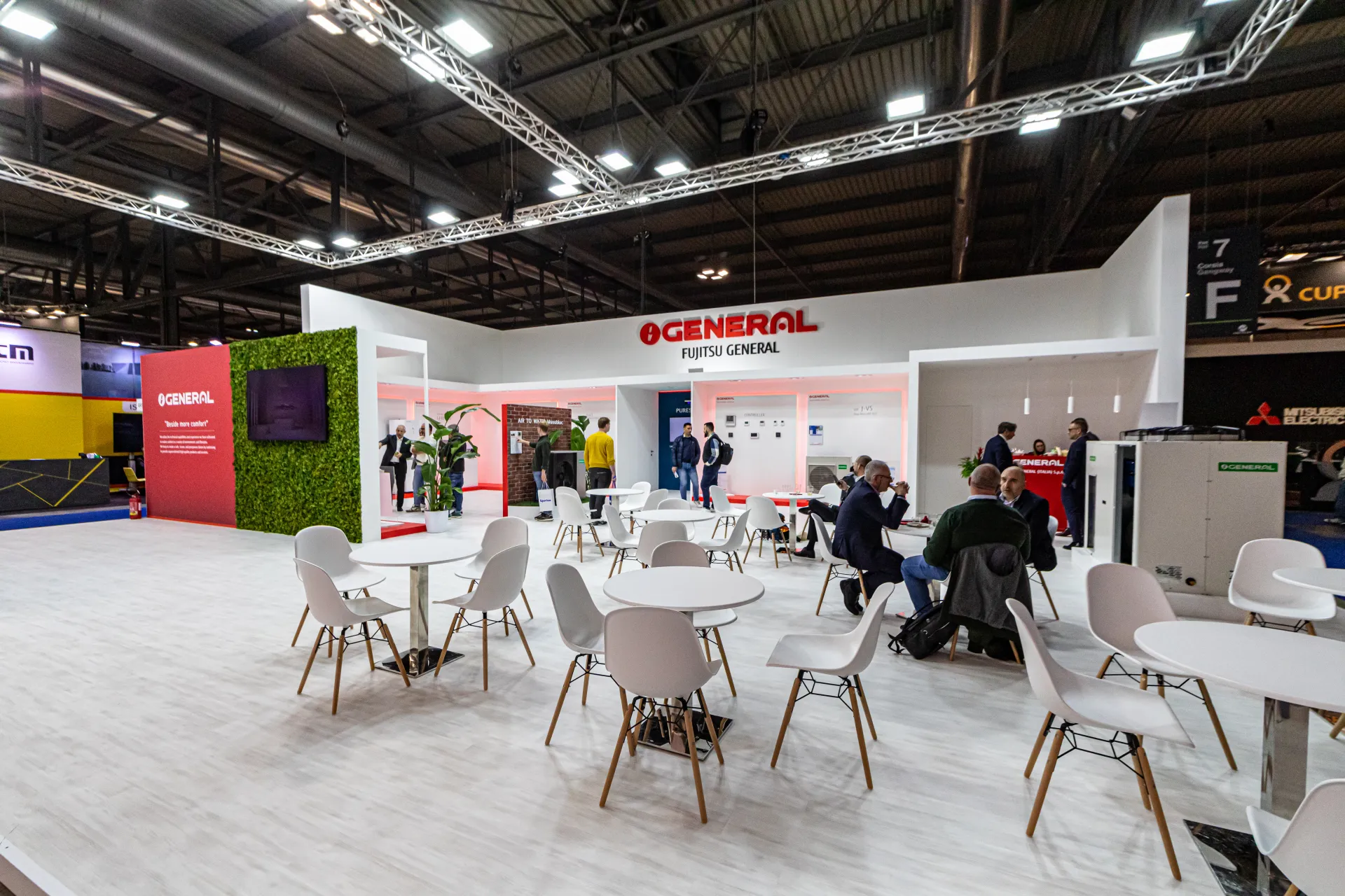 Fujitsu General lounge area with product alcoves under the GENERAL logo at MCE 2024