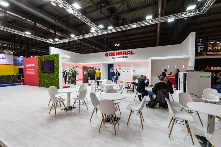 Fujitsu General lounge area with product alcoves under the GENERAL logo at MCE 2024