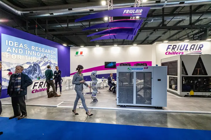 Full view of the Friulair stand under its purple Chillers banner at MCE 2024