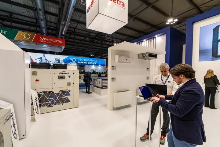 Galletti outdoor unit, split and console units with a Cetra air handler behind at MCE 2024