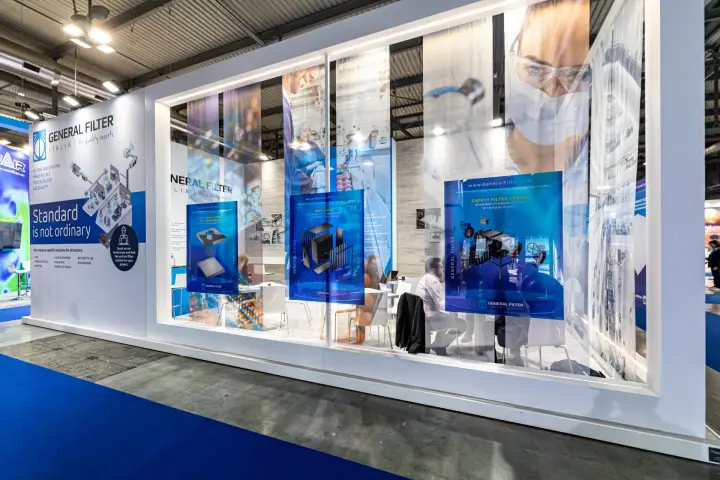 General Filter Italia glazed wall with translucent banners and filter posters at MCE 2024