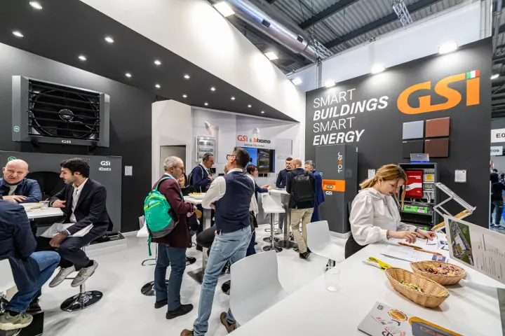 GSi lounge with wall-hung air heater and bticino co-branded corner at MCE 2024