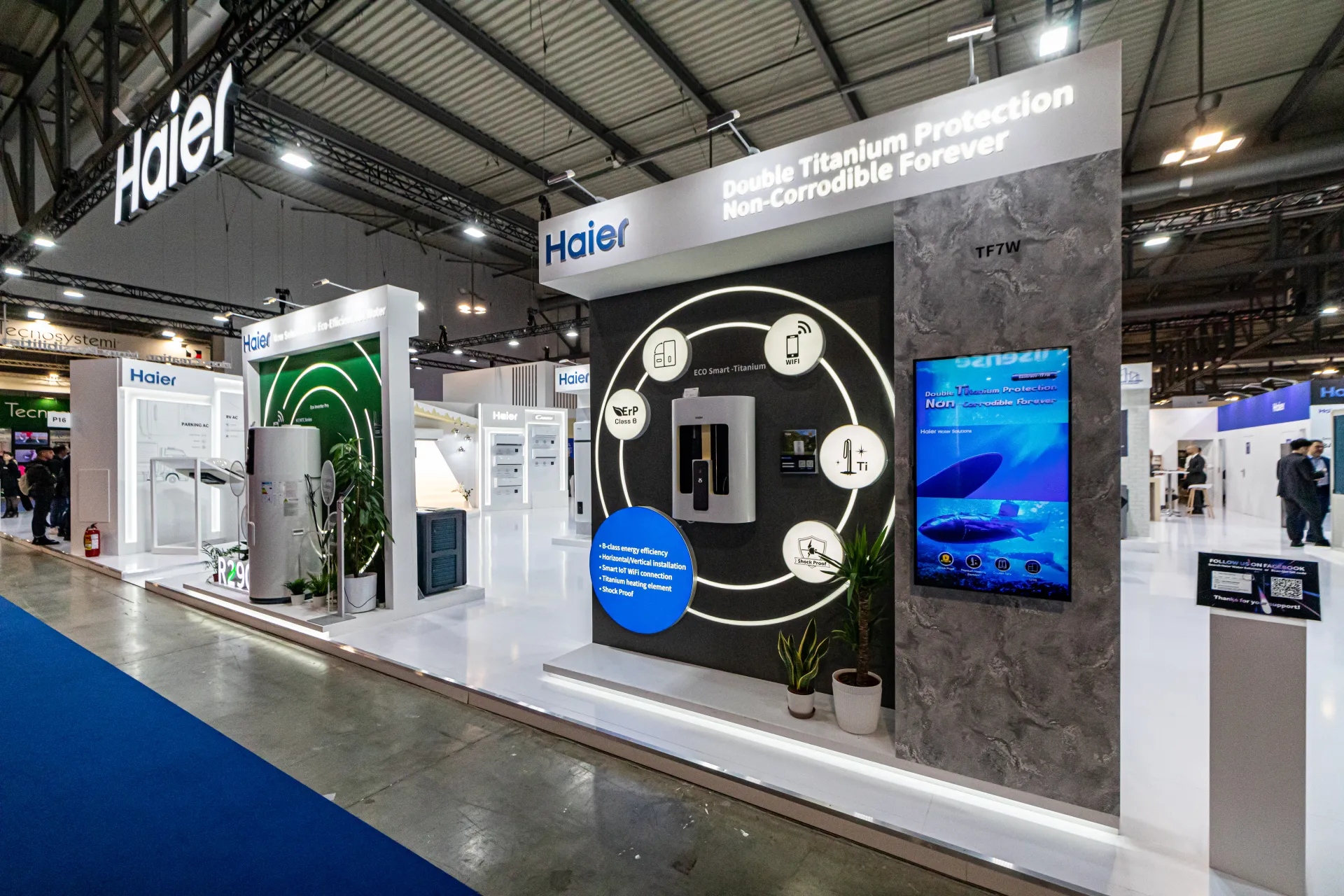 Haier ECO Smart-Titanium water heater display with titanium slogan at MCE 2024