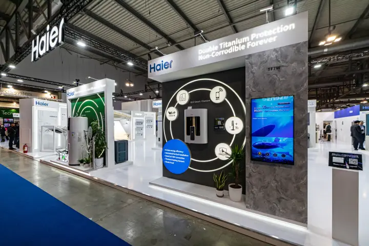 Haier ECO Smart-Titanium water heater display with titanium slogan at MCE 2024