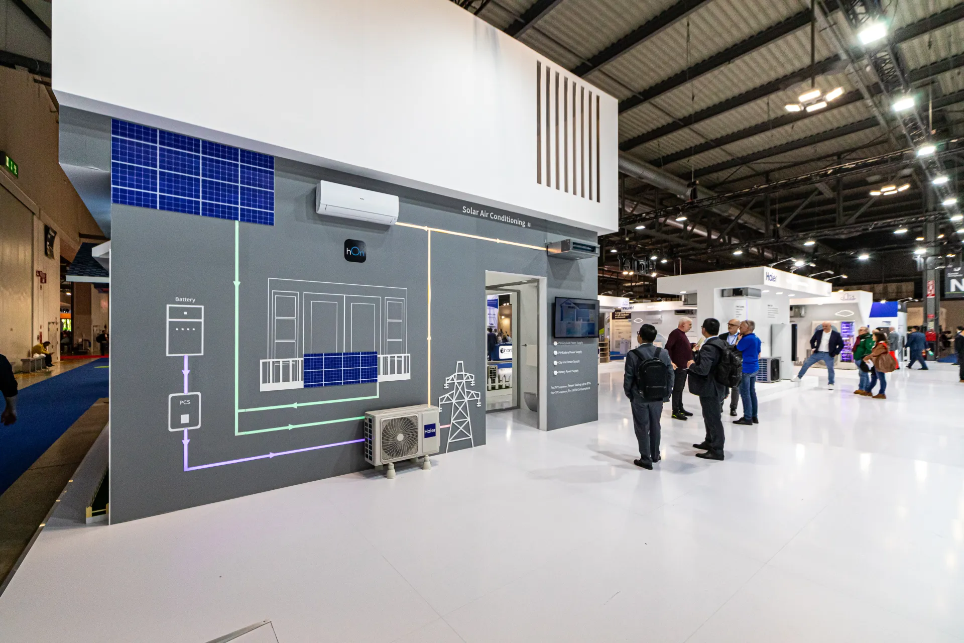 Haier 'Solar Air Conditioning' wall with battery and PV diagram at MCE 2024