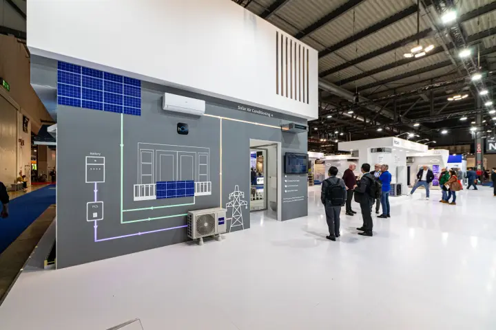 Haier 'Solar Air Conditioning' wall with battery and PV diagram at MCE 2024
