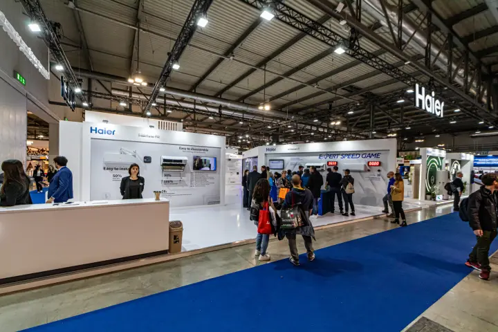 Haier stand with 'Easy to disassemble' wall and Expert Speed Game at MCE 2024