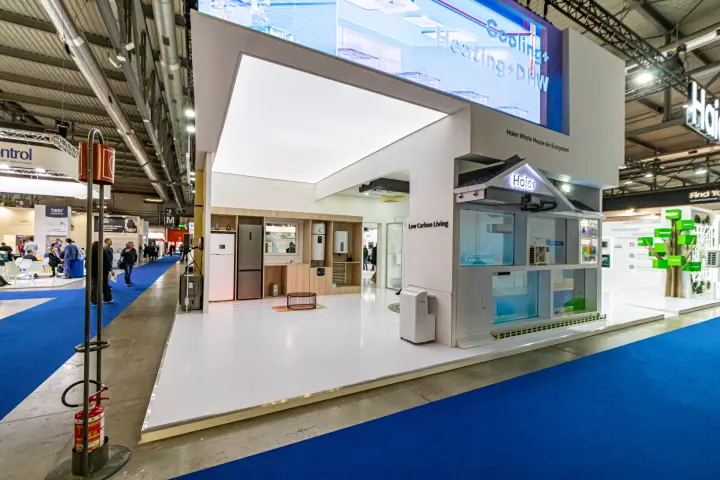 Haier Whole House Air Ecosystem display with kitchen set and LED screen at MCE 2024