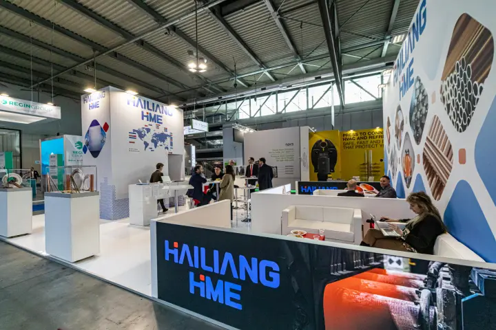 Hailiang HME stand with copper tube showcases and lounge area