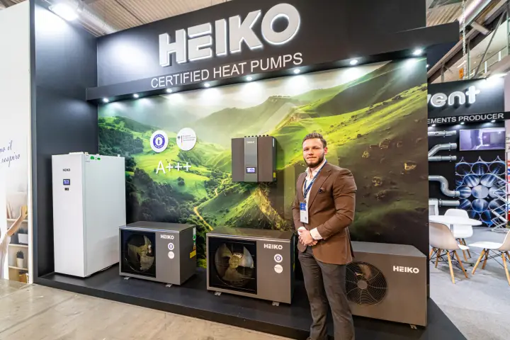Heiko certified heat pumps on display against a green landscape at MCE 2024