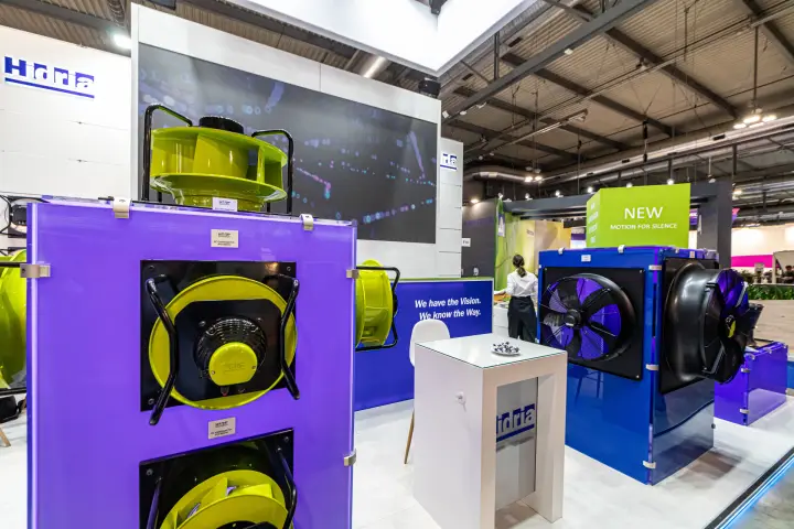 Hidria centrifugal fan column and 'Motion for silence' axial fan display