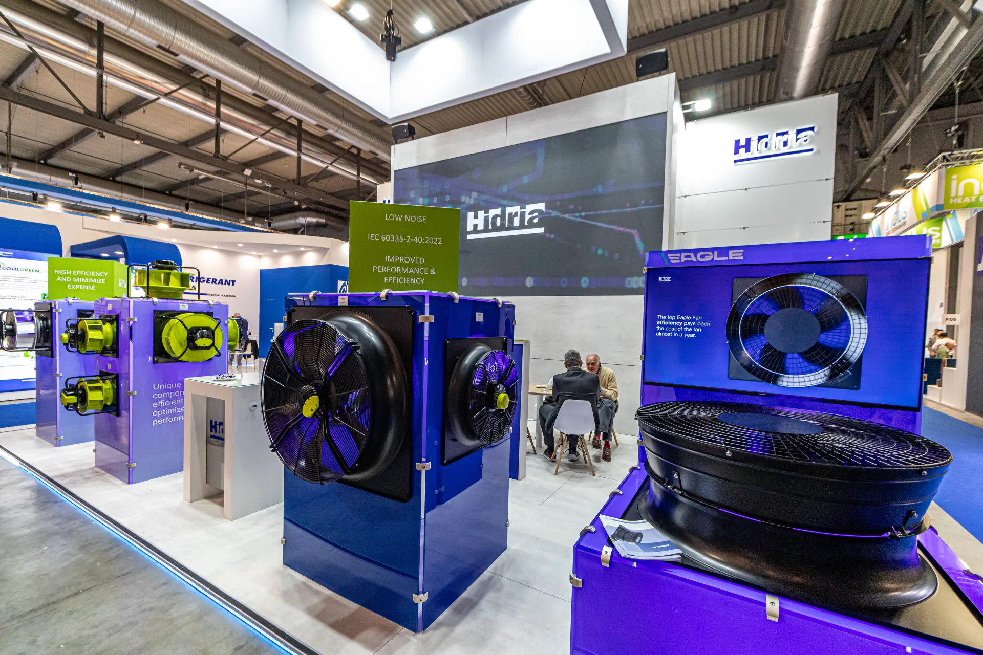 Hidria Eagle axial fans and 'Low noise' display at the stand front at MCE 2024