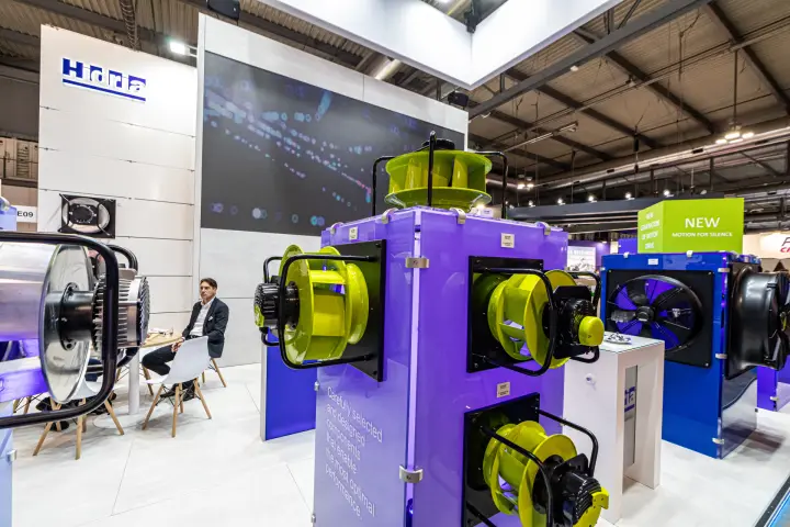Hidria fan column with 'New generation of motor drive' cube behind at MCE 2024