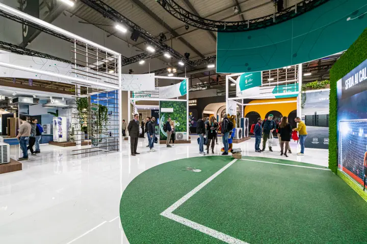 Hisense stand with football pitch floor and penalty challenge at MCE 2024