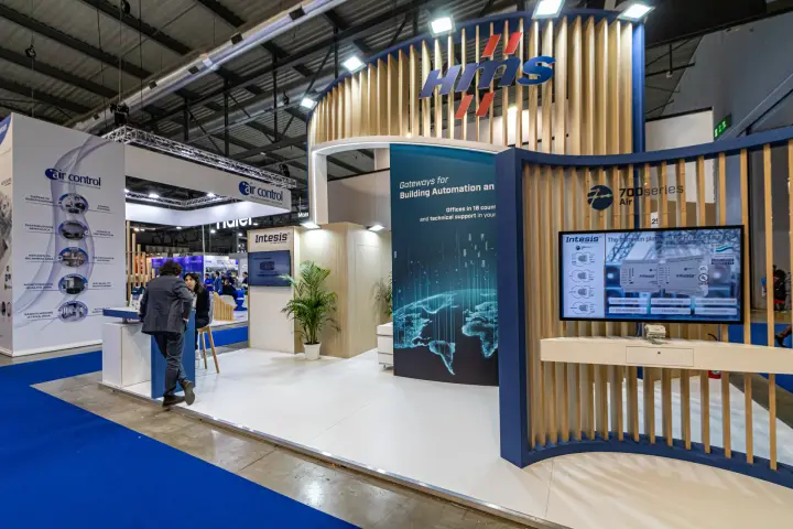 HMS stand with slatted wood tower and Intesis 700 series gateways at MCE 2024