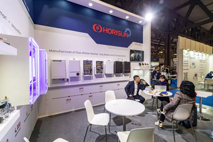 Horisun product wall with gas water heaters and company timeline