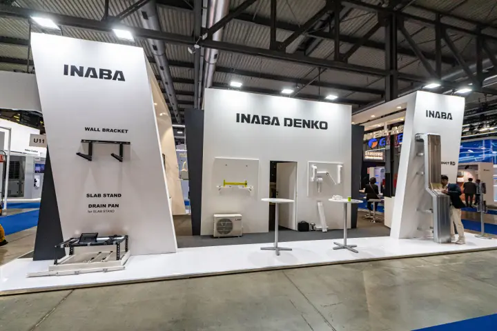 Inaba Denko wall brackets, slab stand and drain pan on display
