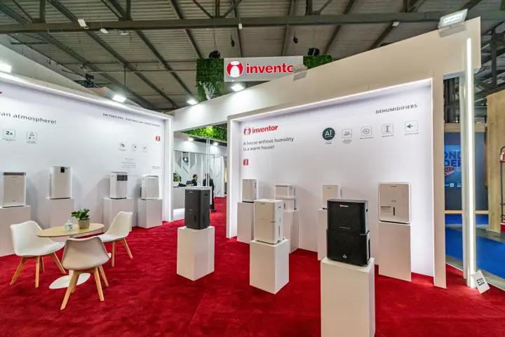 Inventor dehumidifiers and air purifiers on white plinths at MCE 2024